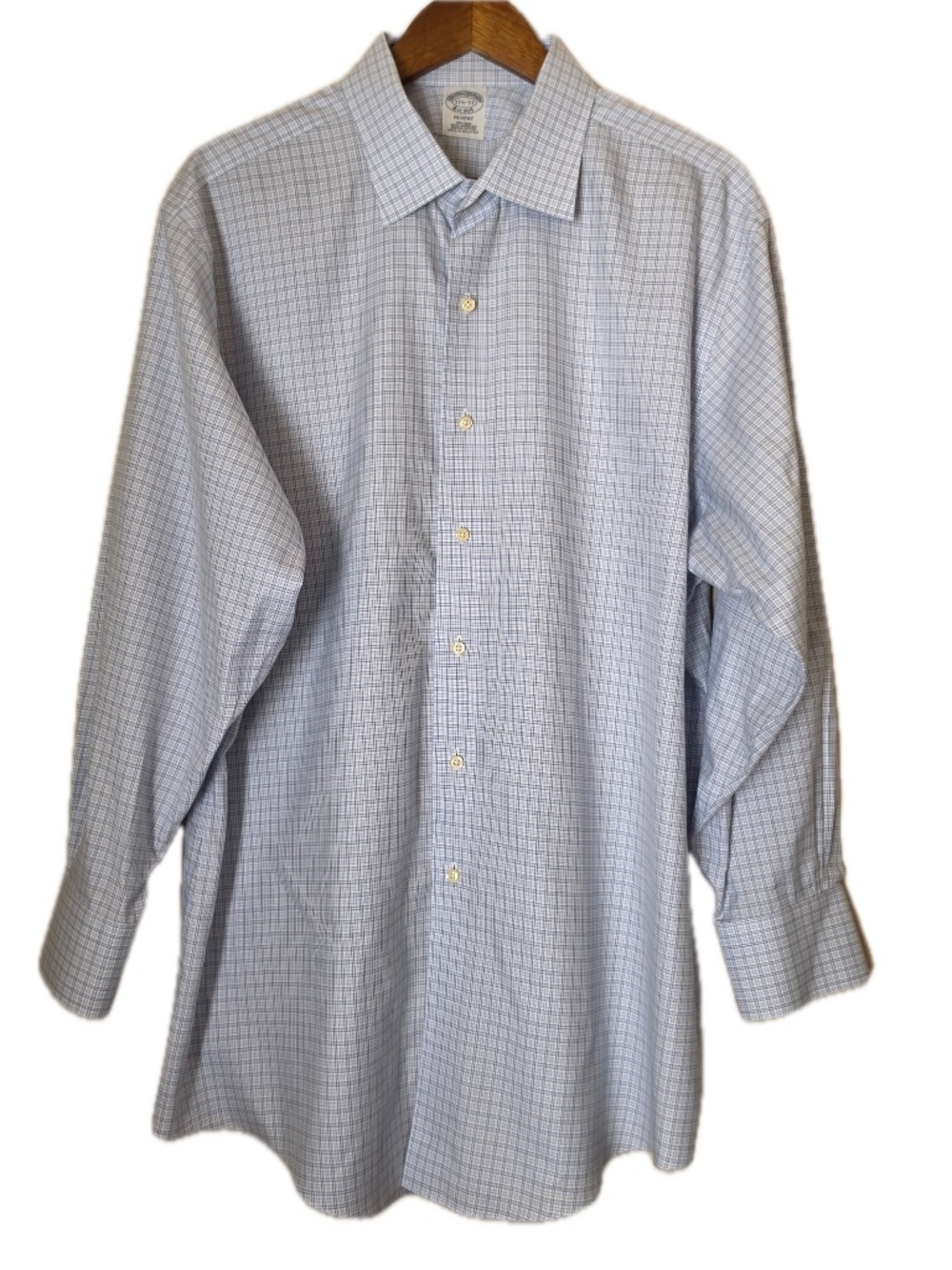 Brooks Brothers Shirt Mens 17.5 32/33 Blue Check Regent Classic Non-Iron Cotton